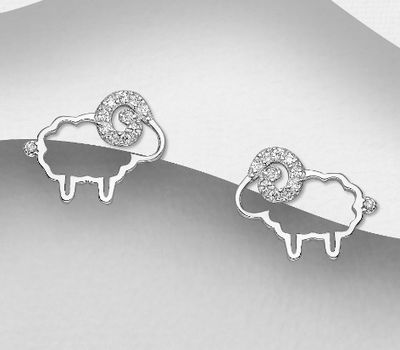 925 Sterling Silver Sheep Push-Back Earrings, Decorated with CZ Simulated Diamonds
