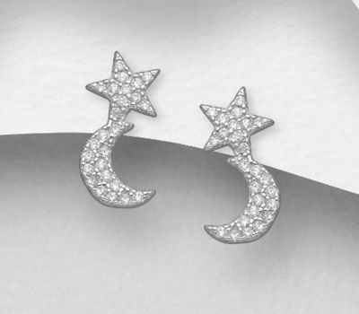 925 Sterling Silver Crescent Moon Push-Back Earrings, Featuring Star Design, Decorated with CZ Simulated Diamonds