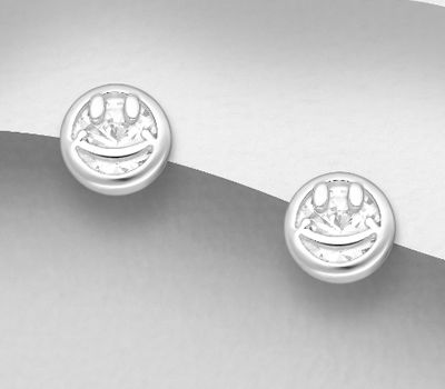 Şəkli böyütmək üçün tiklayın 925 Sterling Silver Smiley Push-Back Earrings, Decorated with CZ Simulated Diamonds