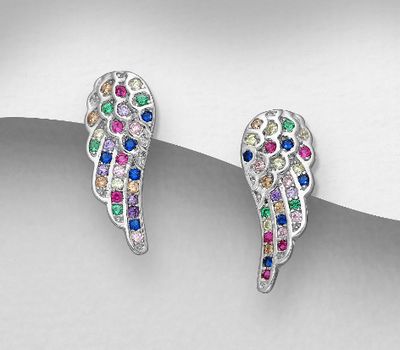 925 Sterling Silver Wings Push-Back Earrings, Decorated with Colorful CZ Simulated Diamonds