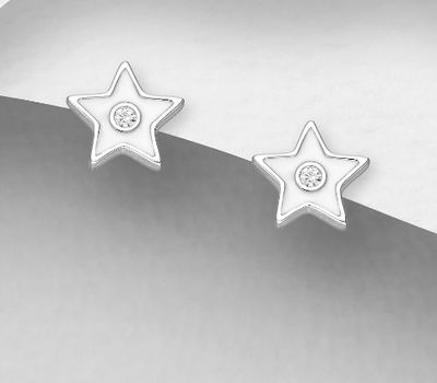 Şəkli böyütmək üçün tiklayın 925 Sterling Silver Star Push-Back Earrings, Decorated with CZ Simulated Diamonds and Colored Enamel