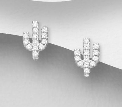 925 Sterling Silver Cactus Push-Back Earrings, Decorated with CZ Simulated Diamonds
