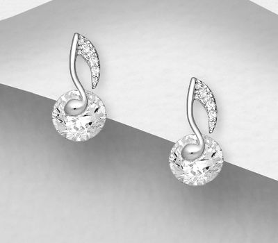 925 Sterling Silver Music Notes Push-Back Earrings, Decorated with CZ Simulated Diamonds