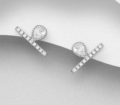 925 Sterling Silver Push-Back Earrings, Decorated with CZ Simulated Diamonds