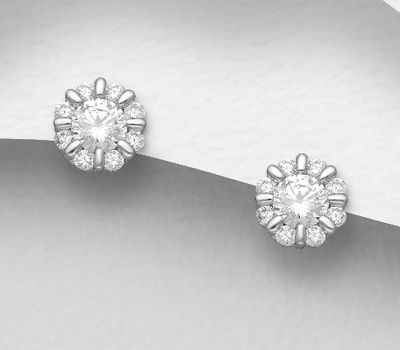 925 Sterling Silver Push-Back Earrings, Decorated with CZ Simulated Diamonds