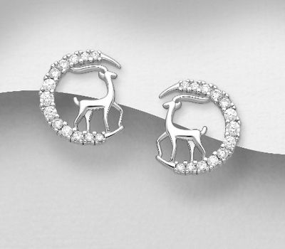 925 Sterling Silver Deer Push-Back Earrings, Featuring Crescent Moon, Decorated with CZ Simulated Diamonds