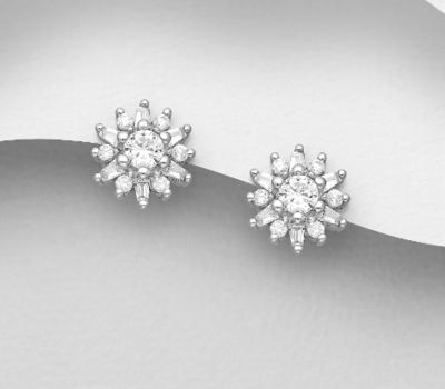 925 Sterling Silver Push-Back Earrings, Decorated with CZ Simulated Diamonds