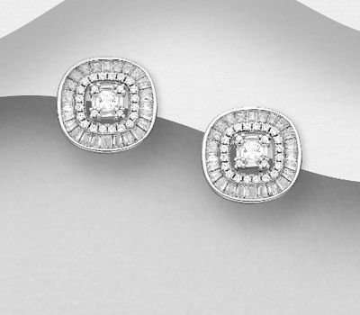 925 Sterling Silver Push-Back Earrings, Decorated with CZ Simulated Diamonds