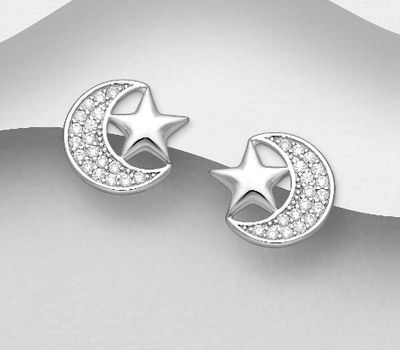 925 Sterling Silver Star Push-Back Earrings, Featuring Crescent Moon, Decorated with CZ Simulated Diamonds
