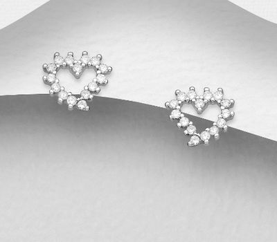 925 Sterling Silver Heart Push-Back Earrings, Decorated with CZ Simulated Diamonds