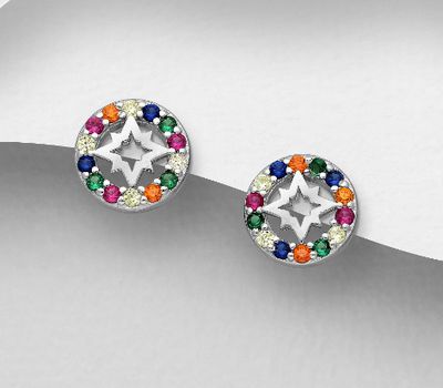925 Sterling Silver Circle Push-Back Earrings, Featuring Star Design, Decorated with Colorful CZ Simulated Diamonds
