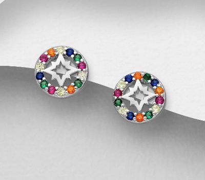 Şəkli böyütmək üçün tiklayın 925 Sterling Silver Circle Push-Back Earrings, Featuring Star Design, Decorated with Colorful CZ Simulated Diamonds
