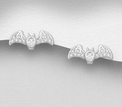 925 Sterling Silver Bat Push-Back Earrings, Decorated with CZ Simulated Diamonds
