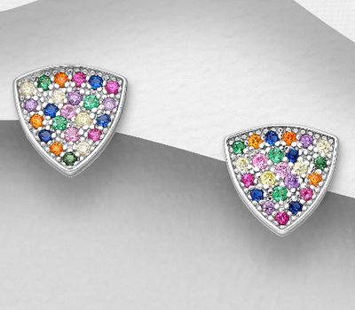 925 Sterling Silver Triangle Push-Back Earrings, Decorated with Colorful CZ Simulated Diamonds, CZ Simulated Diamond Colors may Vary.