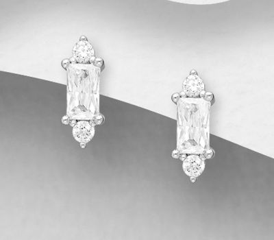 925 Sterling Silver Push-Back Earrings, Decorated with CZ Simulated Diamonds