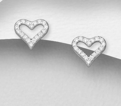 925 Sterling Silver Heart Push-Back Earrings, Decorated with CZ Simulated Diamonds