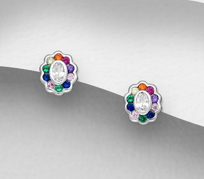 925 Sterling Silver Droplet Push-Back Earrings, Decorated with Colorful CZ Simulated Diamonds, CZ Simulated Diamond Colors may Vary.