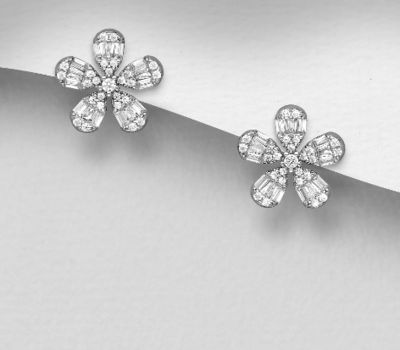 925 Sterling Silver Flower Push-Back Earrings, Decorated with CZ Simulated Diamonds