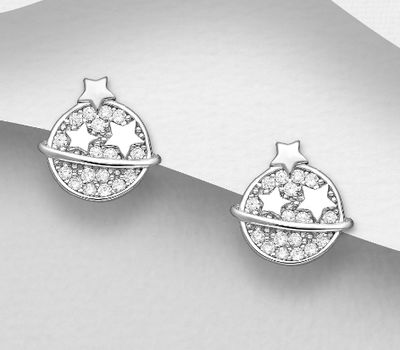 925 Sterling Silver Saturn and Star Push-Back Earrings, Decorated with CZ Simulated Diamonds