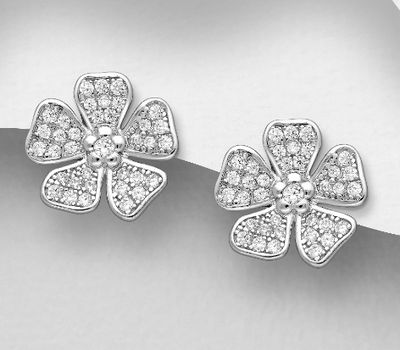 925 Sterling Silver Flower Push-Back Earrings, Decorated with CZ Simulated Diamonds