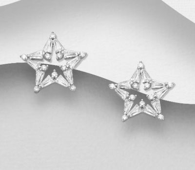 925 Sterling Silver Star Push-Back Earrings, Decorated with CZ Simulated Diamonds