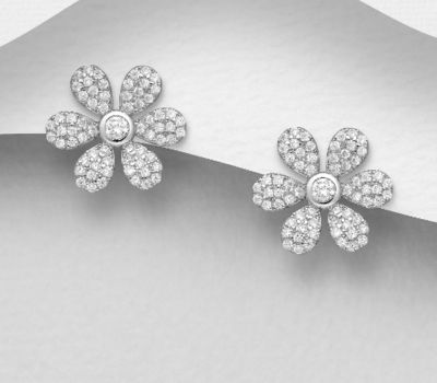 Şəkli böyütmək üçün tiklayın 925 Sterling Silver Flower Push-Back Earrings, Decorated with CZ Simulated Diamonds