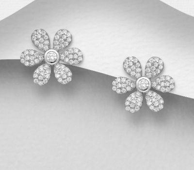 925 Sterling Silver Flower Push-Back Earrings, Decorated with CZ Simulated Diamonds