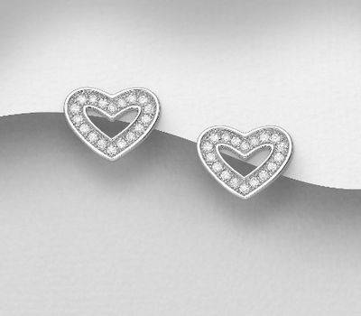 925 Sterling Silver Heart Push-Back Earrings, Decorated with CZ Simulated Diamonds