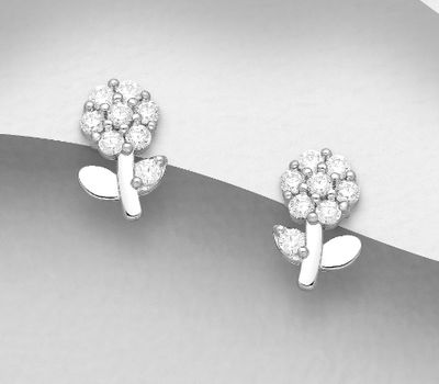 925 Sterling Silver Flower Push-Back Earrings, Decorated with CZ Simulated Diamonds