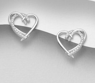 925 Sterling Silver Heart Push-Back Earrings, Decorated with CZ Simulated Diamonds