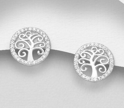 925 Sterling Silver Tree of Life Push-Back Earrings, Decorated with CZ Simulated Diamonds