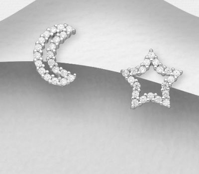 925 Sterling Silver Mis-Matched Push-Back Earrings, Featuring Crescent Moon and Star, Decorated with CZ Simulated Diamonds