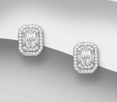 925 Sterling Silver Push-Back Earrings, Decorated with CZ Simulated Diamonds