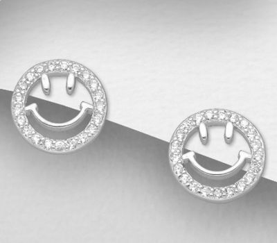925 Sterling Silver Smiley Push-Back Earrings, Decorated with CZ Simulated Diamonds