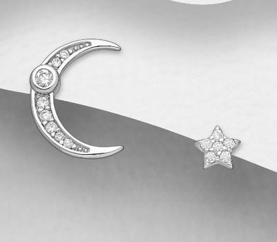 925 Sterling Silver Moon and Star Push-Back Earrings, Decorated with CZ Simulated Diamonds