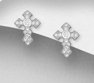 925 Sterling Silver Cross Push-Back Earrings, Decorated with CZ Simulated Diamonds