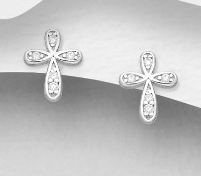 925 Sterling Silver Cross Push-Back Earrings, Decorated with CZ Simulated Diamonds