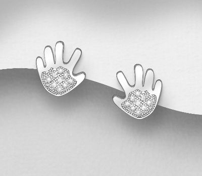 925 Sterling Silver Hand Push-Back Earrings, Decorated with CZ Simulated Diamonds