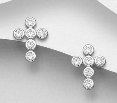 925 Sterling Silver Cross Push-Back Earrings, Decorated with CZ Simulated Diamonds