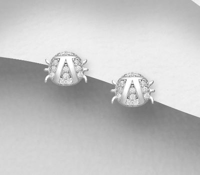 Şəkli böyütmək üçün tiklayın 925 Sterling Silver Ladybug Push-Back Earrings, Decorated with CZ Simulated Diamonds