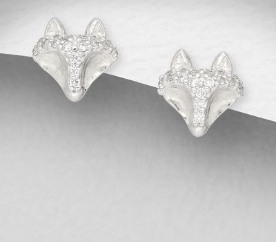 925 Sterling Silver Fox Earrings, Decorated with CZ Simulated Diamonds