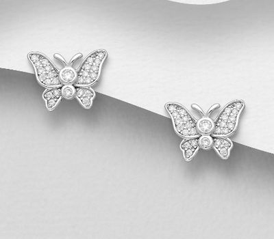 925 Sterling Silver Butterfly Push-Back Earrings, Decorated with CZ Simulated Diamonds