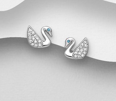 925 Sterling Silver Swan Push-Back Earrings, Decorated with CZ Simulated Diamonds