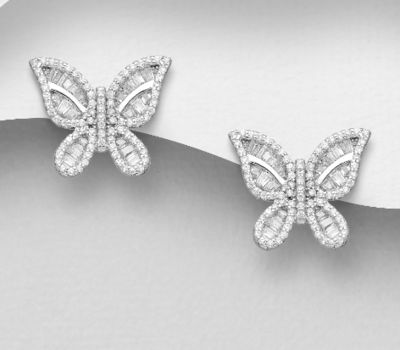 925 Sterling Silver Butterfly Push-Back Earrings, Decorated with CZ Simulated Diamonds