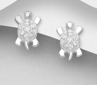 925 Sterling Silver Turtle Push-Back Earrings, Decorated with CZ Simulated Diamonds