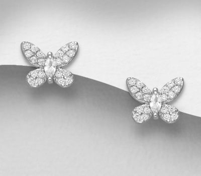 925 Sterling Silver Butterfly Push-Back Earrings, Decorated with CZ Simulated Diamonds