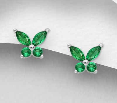 925 Sterling Silver Butterfly Push-Back Earrings, Decorated with Blue or Forest Green CZ Simulated Diamonds