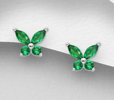 Şəkli böyütmək üçün tiklayın 925 Sterling Silver Butterfly Push-Back Earrings, Decorated with Blue or Forest Green CZ Simulated Diamonds