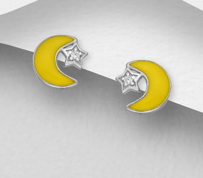 925 Sterling Silver Crescent Moon Push-Back Earrings Featuring Star, Decorated with Colored Enamel and CZ Simulated Diamonds