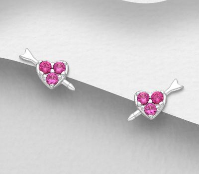 925 Sterling Silver Heart Push-Back Earrings, Decorated with CZ Simulated Diamonds